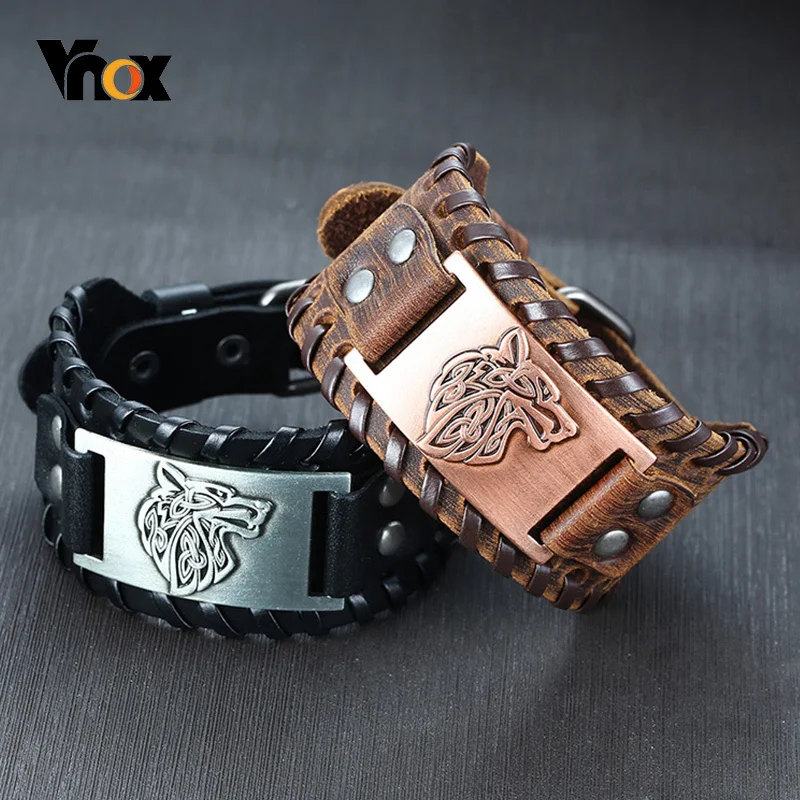 

Vnox Men's Rock Punk Wolf Viking Leather Wrap Bracelets Vintage Compass Charm Male Wrist Jewelry Length Adjustable