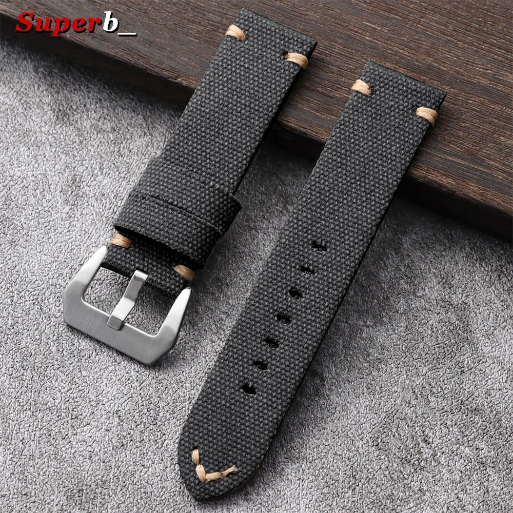 Vintage Canvas Leder Uhrenarmband 22mm 24mm Weiches Stoffarmband für Panerai für Citizen Herren Stitching Ersatzarmband