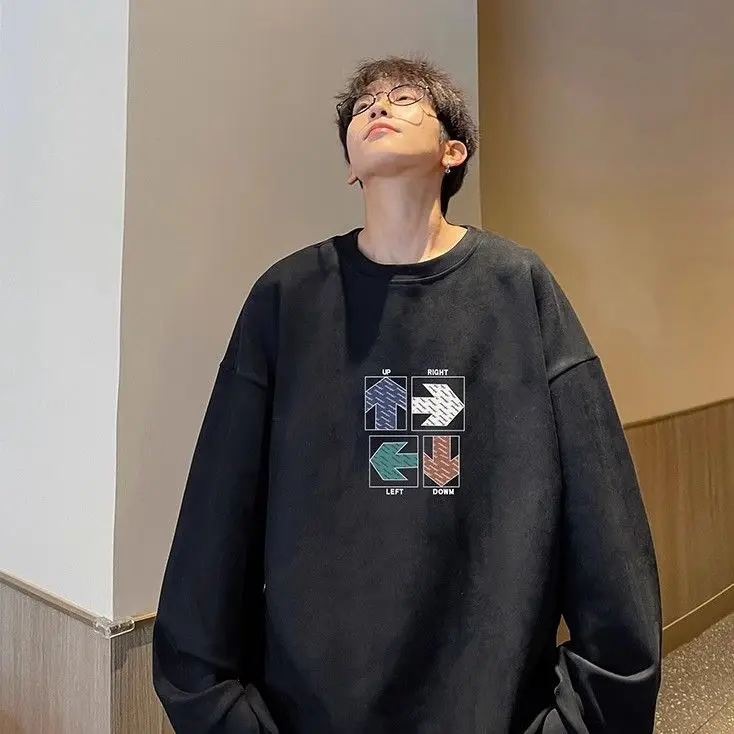Heavy suede round neck sweatshirt for men in autumn and winter new plus velvet trendy brand large size top American retro hooded