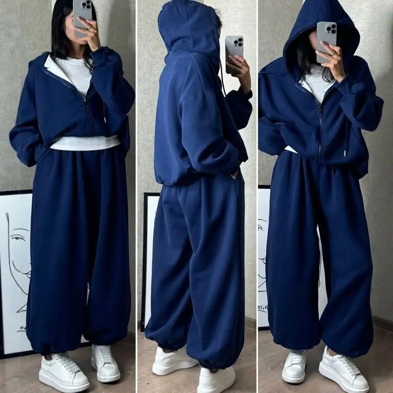 Women Two Piece Set Sweatshirt Wide Leg Pants Casual Sports Tracksuit Outfit Autumn Winter Loose Fit Lounge Sweatsuits Set