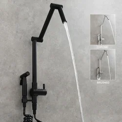 Grifo de relleno de olla de montaje en pared, negro mate/cromo/latón macizo cepillado, brazo oscilante DE DOBLE JUNTA, grifo de cocina plegable con rociador
