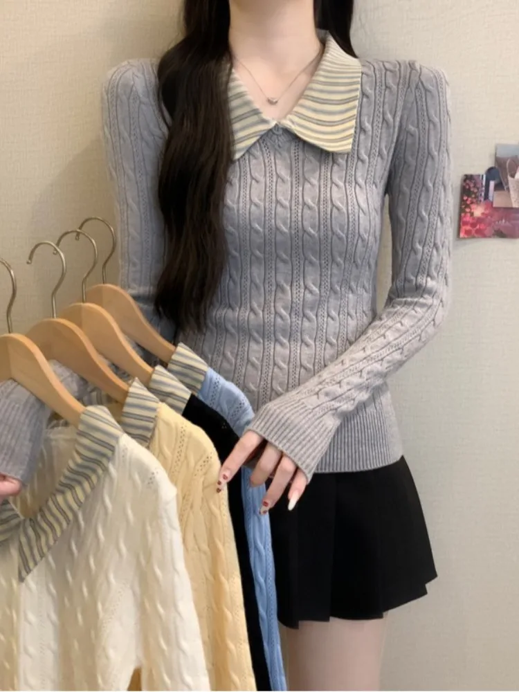 Slimming V-Ne Knitted Top Women's Autumn Winter Faion Sweet Sle Thiened Wool Blend Slim Fit Stripe Design Knitwear