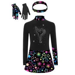 Girls Figure Skating Dress Shiny Rhinestones Gymnastics Outfit Long Sleeve Printed Ballet Leotard Dress with Gloves Headband