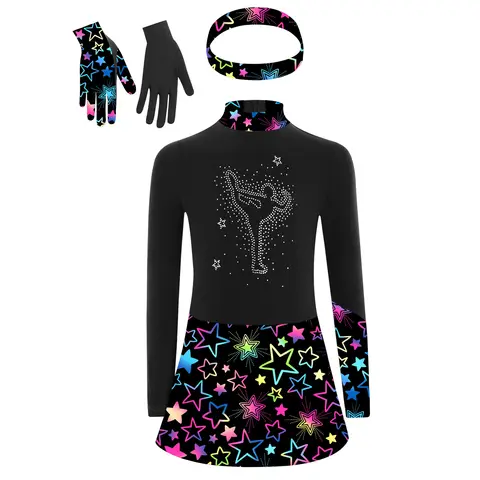 Girls Figure Skating Dress Shiny Rhinestones Gymnastics Outfit Long Sleeve Printed Ballet Leotard Dress with Gloves Headband