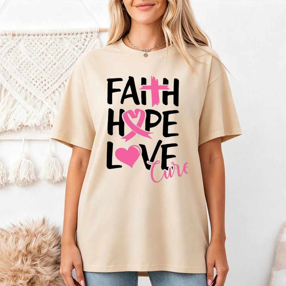 Faith Hope Love Cure Pink Ribbon T Shirt Women Cross Heart Graphic Tee Breast Cancer Awareness Support Top