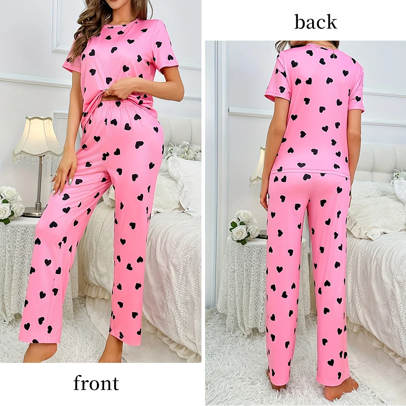 Two Piece Summer New Hot Selling Women\'s Home Leisure and Comfortable Pink Print Love Pajama Set