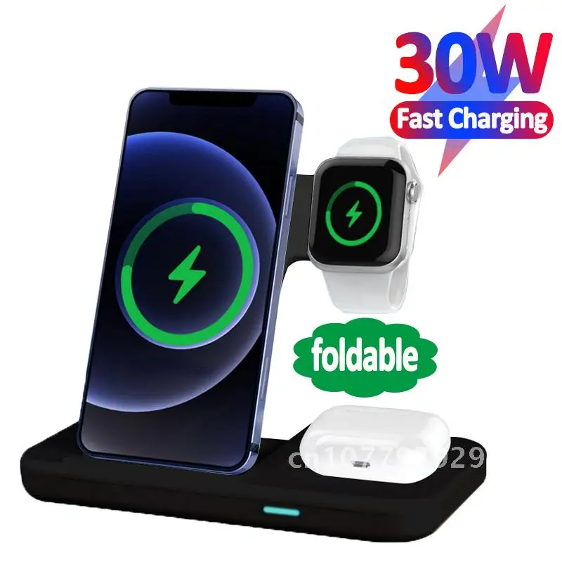 

30W Qi Wireless Charger Stand For iPhone 13 12 Samsung 3 In 1 Qi Fast Charging Dock Station for Airpods Pro Watch IWatch 7