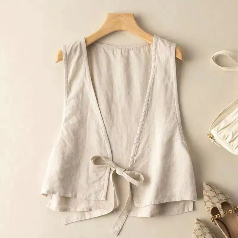 

Linen Adjustable Waist Vest Women V-neck Vintage Style Sleeveless Waistcoat Female Holiday Beach Vests Summer Open Stitch Ladies