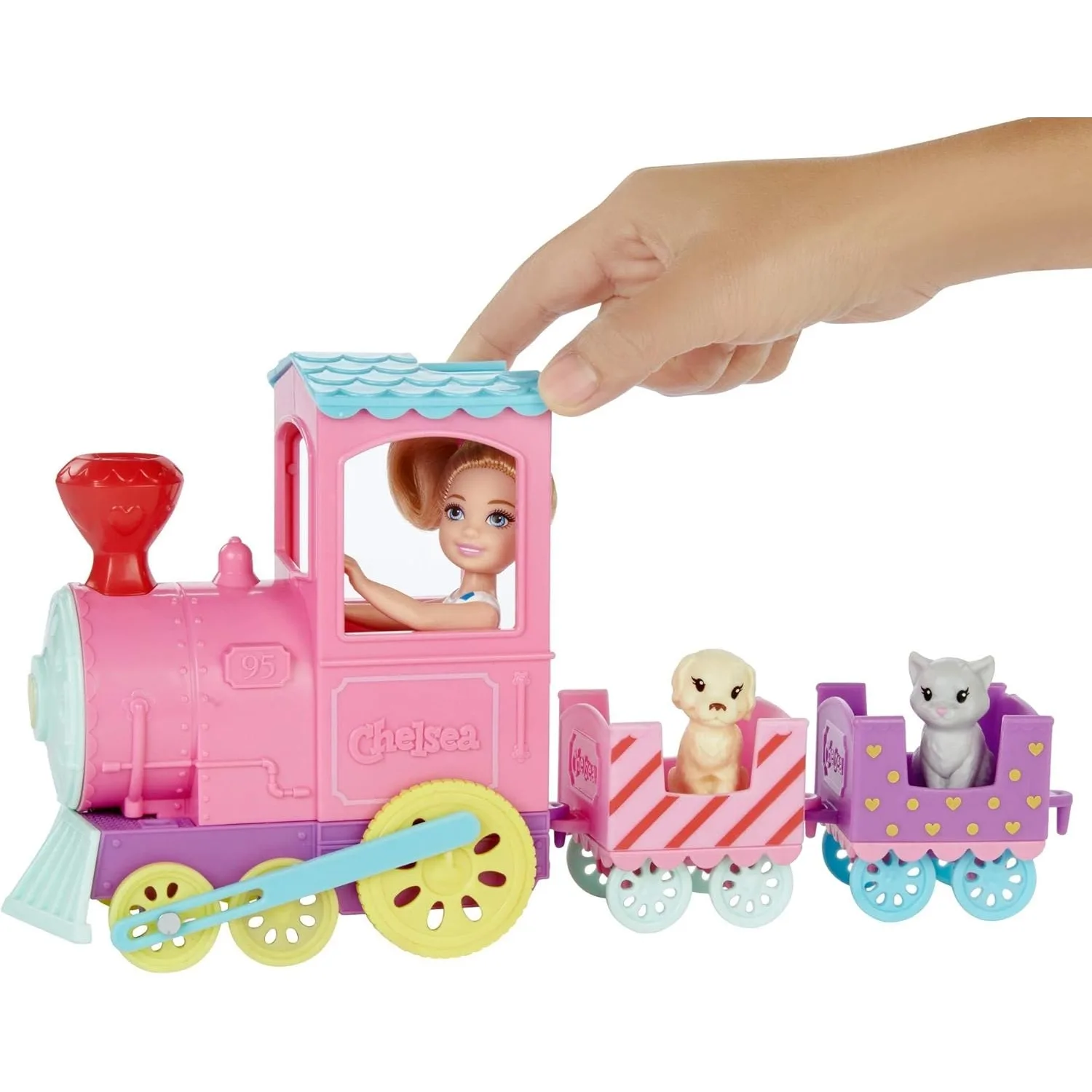 Barbied Oll Club Mini Chelsea Train Playset, 3 carros conectados Miniaturas Boneca, 1 gatinho e 1 filhote de cachorro Kids Dolls, original