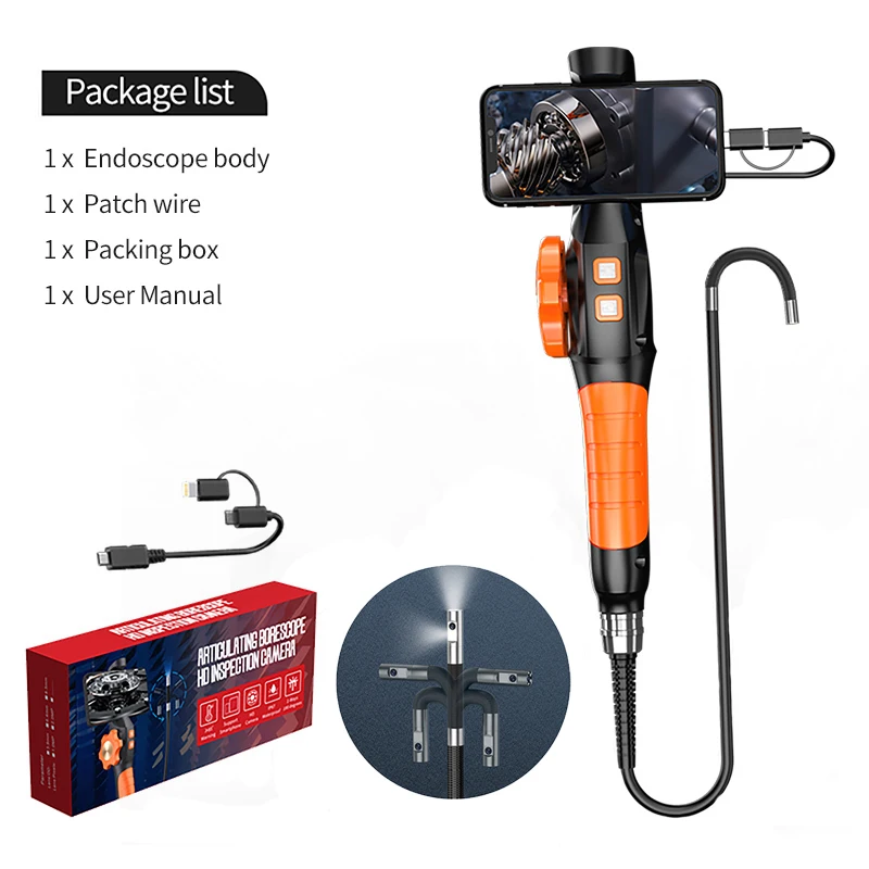 Two-Way Articulating Borescope 1080P HD Handheld Boroscope with 8 LED Lights Semi-Rigid Snake Inspection Camera For IOS Android