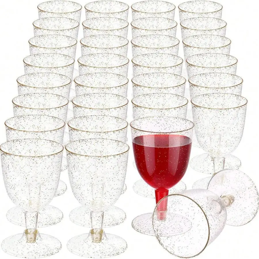 50Pcs 5oz Gold Glitter Reusable Plastic Wine Glasses Plastic Goblets Disposable Stemware Toasting Cups Champagne Cups Cocktail C
