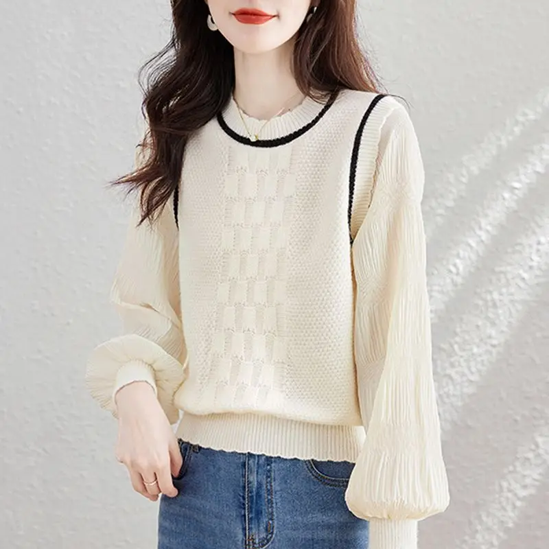 Casual Solid Color Knitted Shirt Spring Autumn Fake Two Pieces Korean Folds Loose Spliced Women\'s Bright Line Decoration Blouse