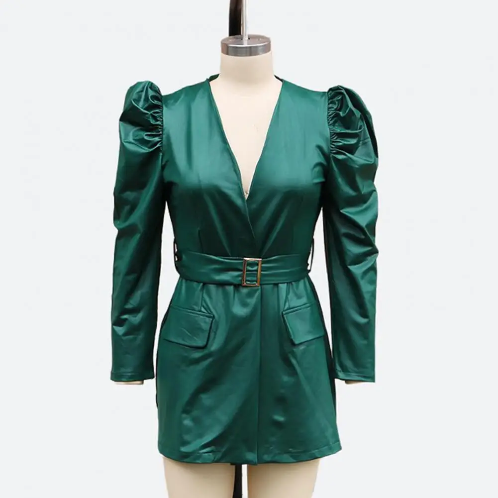 Women Dress Slim Fit Dress Elegant V Neck Faux Leather Mini Dress with Bubble Sleeves Belted Waist for Women for Office Shopping