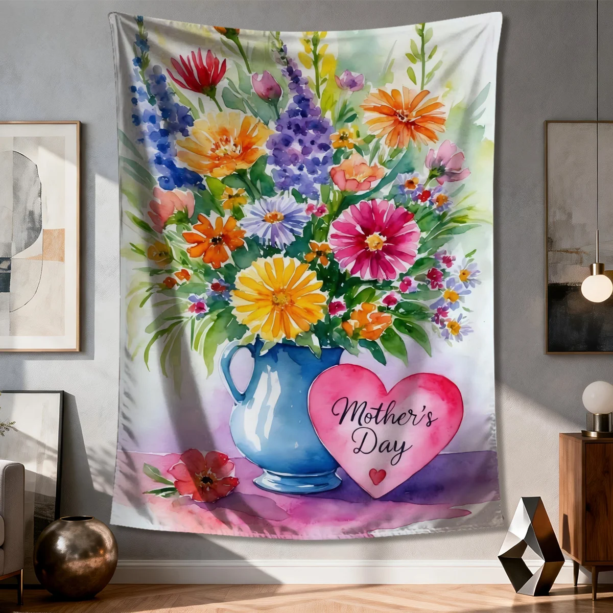 Mother's Day Tapestry, Watercolor Floral Bouquet Wall Hanging, Colorful Flower Vase Decor Heart Gift for Mom Festival Room Decor