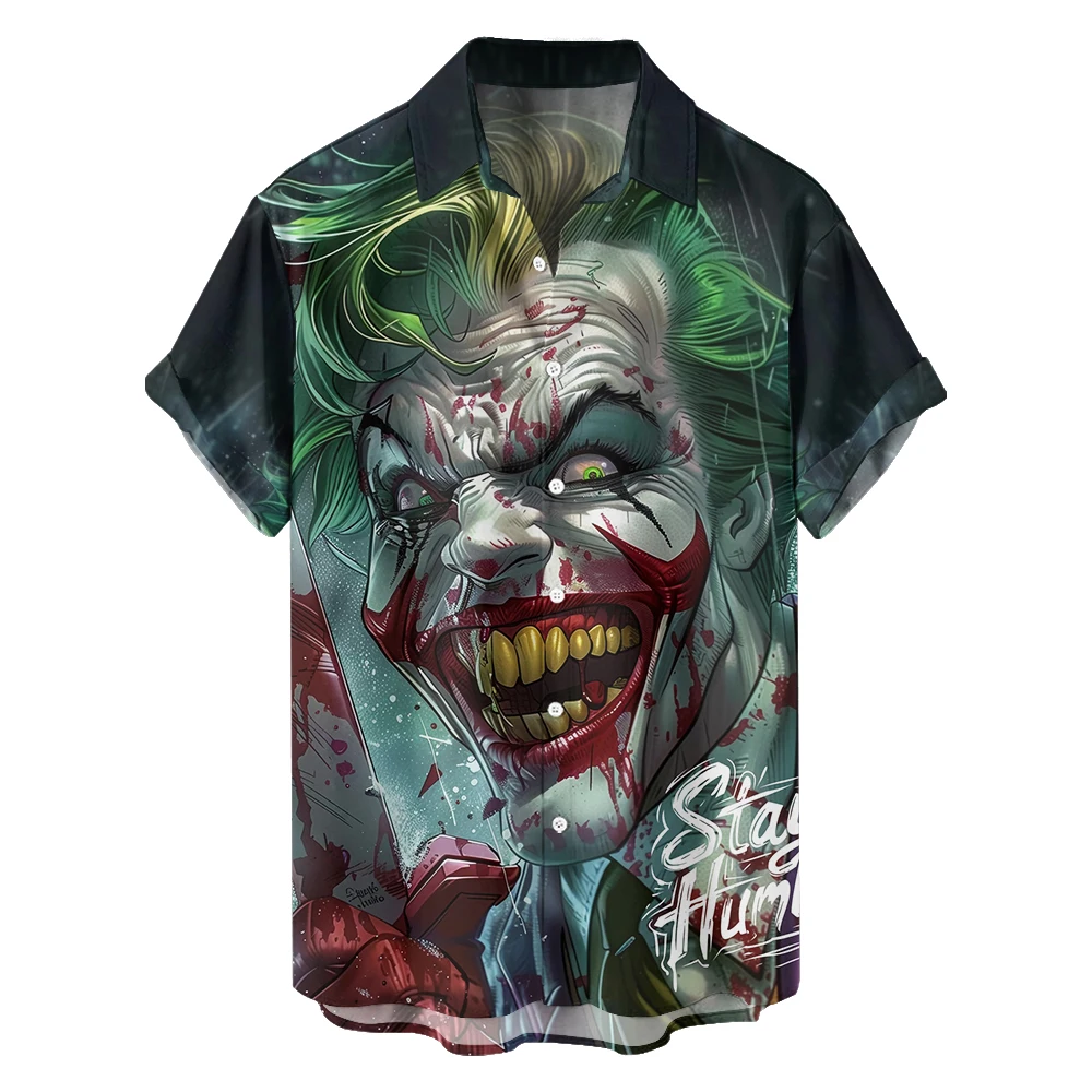 Ropa de cara sonriente de payaso de terror de Halloween, camisa suelta de gran tamaño, elástica, pequeña, informal, camisa delgada de manga corta