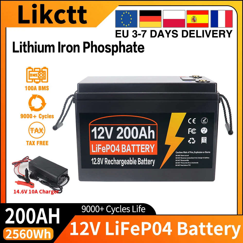 12V 24V 100AH 150AH 200AH 300AH 350AH LiFePO4 Lithium IJzerfosfaat Batterij met ingebouwde BMS voor campers, golfkarren, zonne-energiesystemen, EU voorraad, belastingvrij