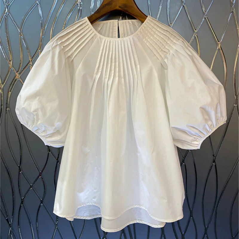 

Pleated White Women Blouse Summer New Design 2023 Lantern Sleeved Loose Solid Elegant Female Pulls Tops