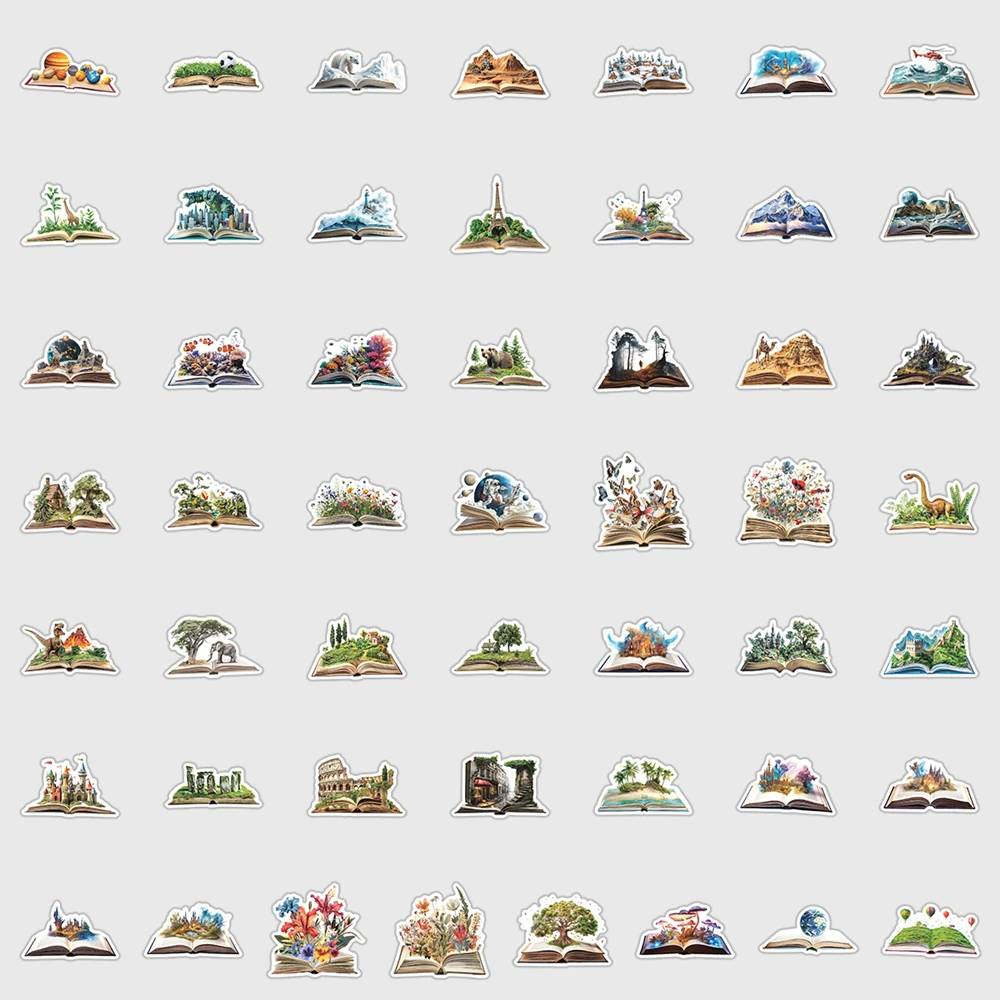 10/25/50pcs Open Book Landscape Stickers Peel & Stick Vinyl World Travel Decals DIY for Laptop Water Bottle Phone Case Scrapbook