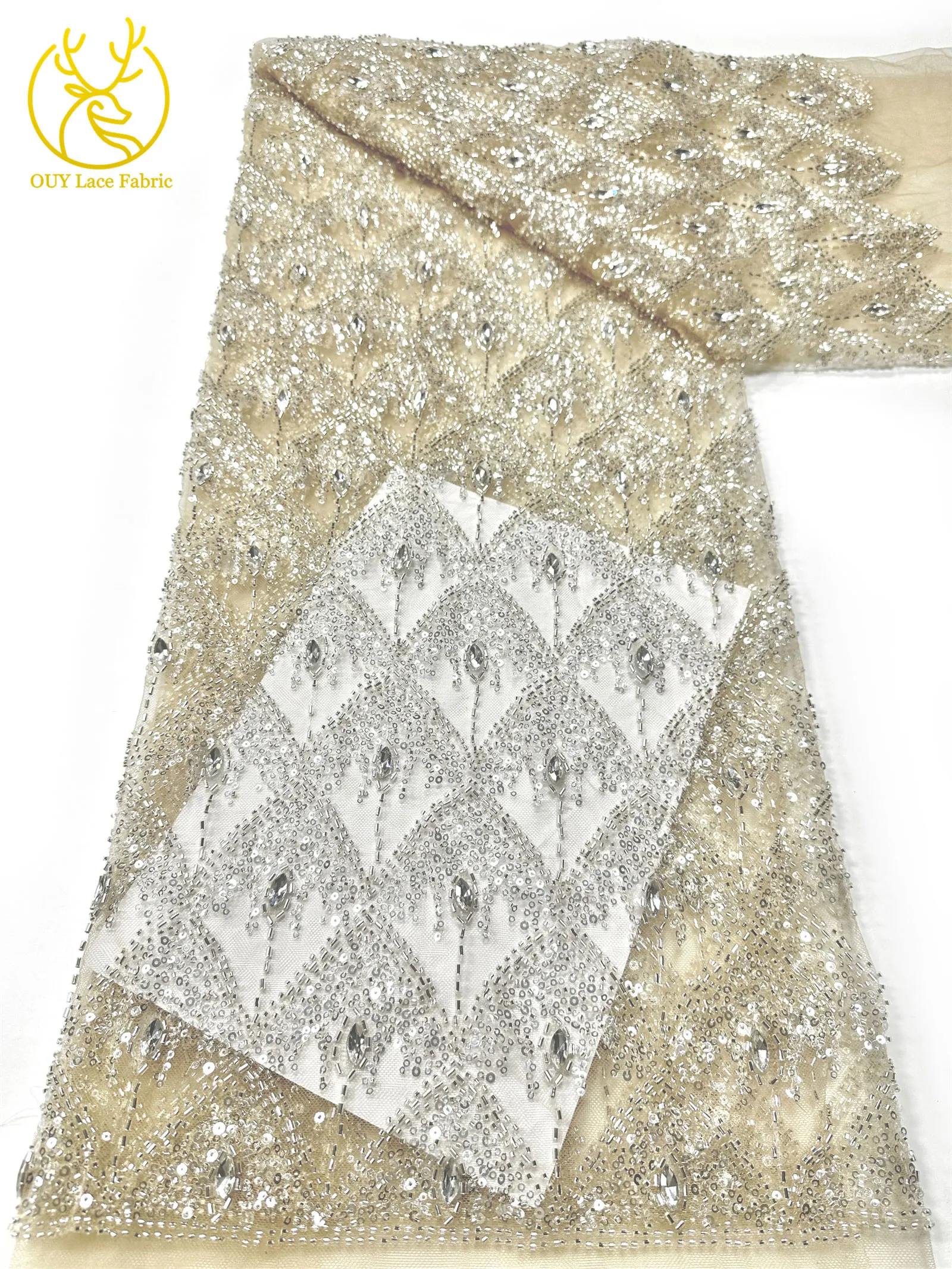 High-grade French Stone Lace Fabric 2026 Luxury African Beaded Sequins Lace Fabric English Ladies Wedding Party Evening Dresses