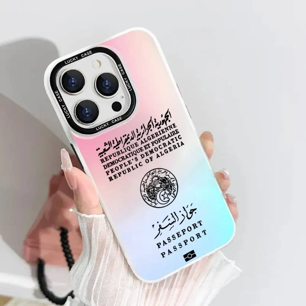 1 قطعة جواز السفر الجزائر جراب هاتف ليزر IMD اللون فضي شل آيفون 17 16 15 14 13 12 11 الهواء برو ماكس زائد