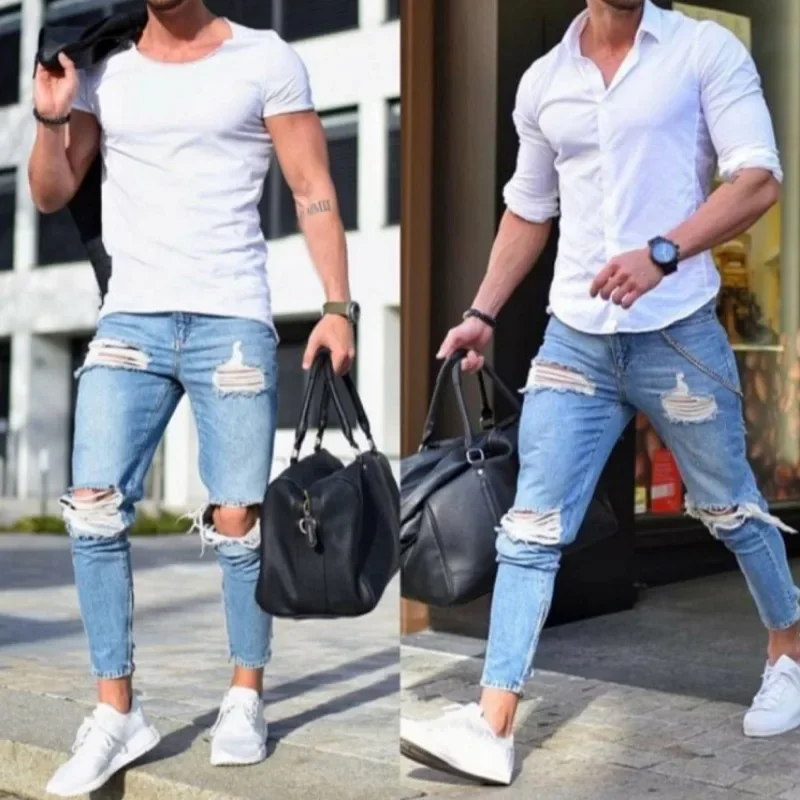 

New Mens Skinny Jeans Light Ripped Leggings Fashion Solid Mens Denim Pants