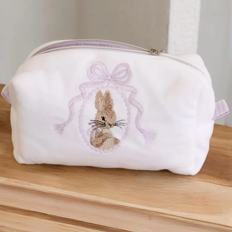 Kawaii Rabbit White Pink Zipper Travel Toiletry Bag with Lace Bow Large Capacity Cosmetic Makeup Organizer for Women And Girls