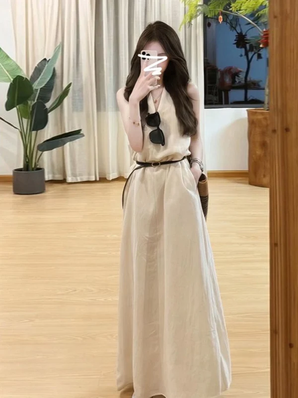 

Новинка: Элегантное летнее пляжное платье-жилет с V-образным вырезом, средней длины, с завязками на шее, в корейском стиле, с завышенной талией, премиум-класса.