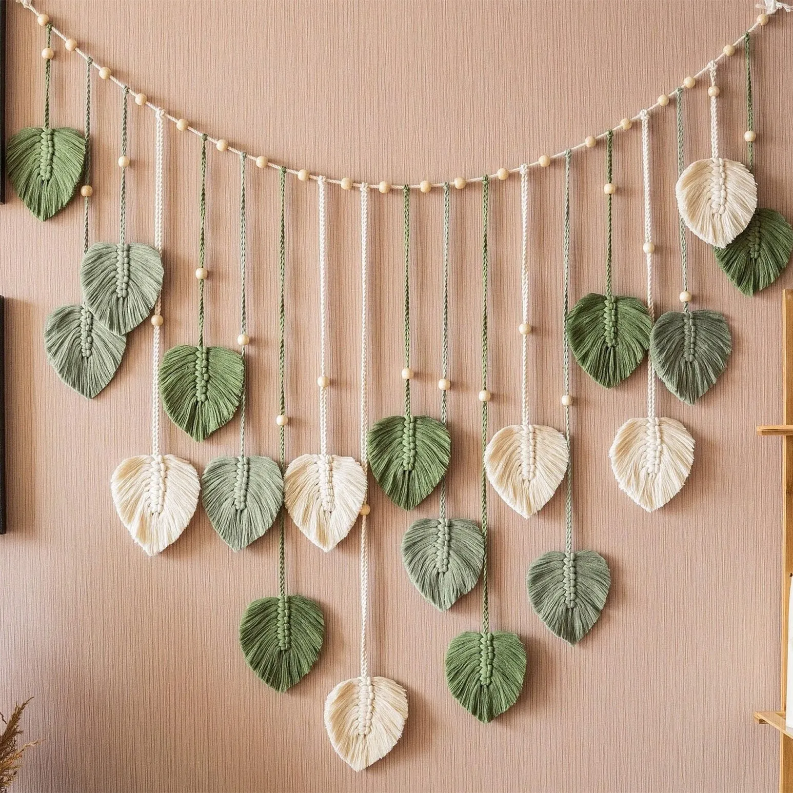 

1 Pc Green Leaves Garland, Macrame Wall Art, Above Bed Decor, Boho Home Decor, Mid Century Modern, Living Room Wall Decor, Plant