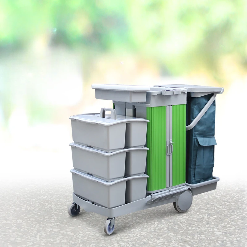 Flat mop cleaning handcart with storage bin, garbage bag, hotel mall cleaning service vehicle