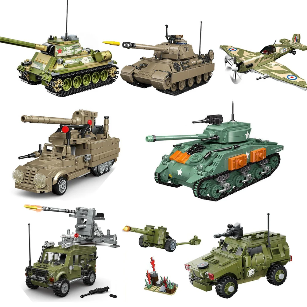 WW2 Military Tank Building Blocks M4 Sherman T34 Panther Tank Half Track Armored Vehicle MK9 Fighter Model Kids Toys Gifts