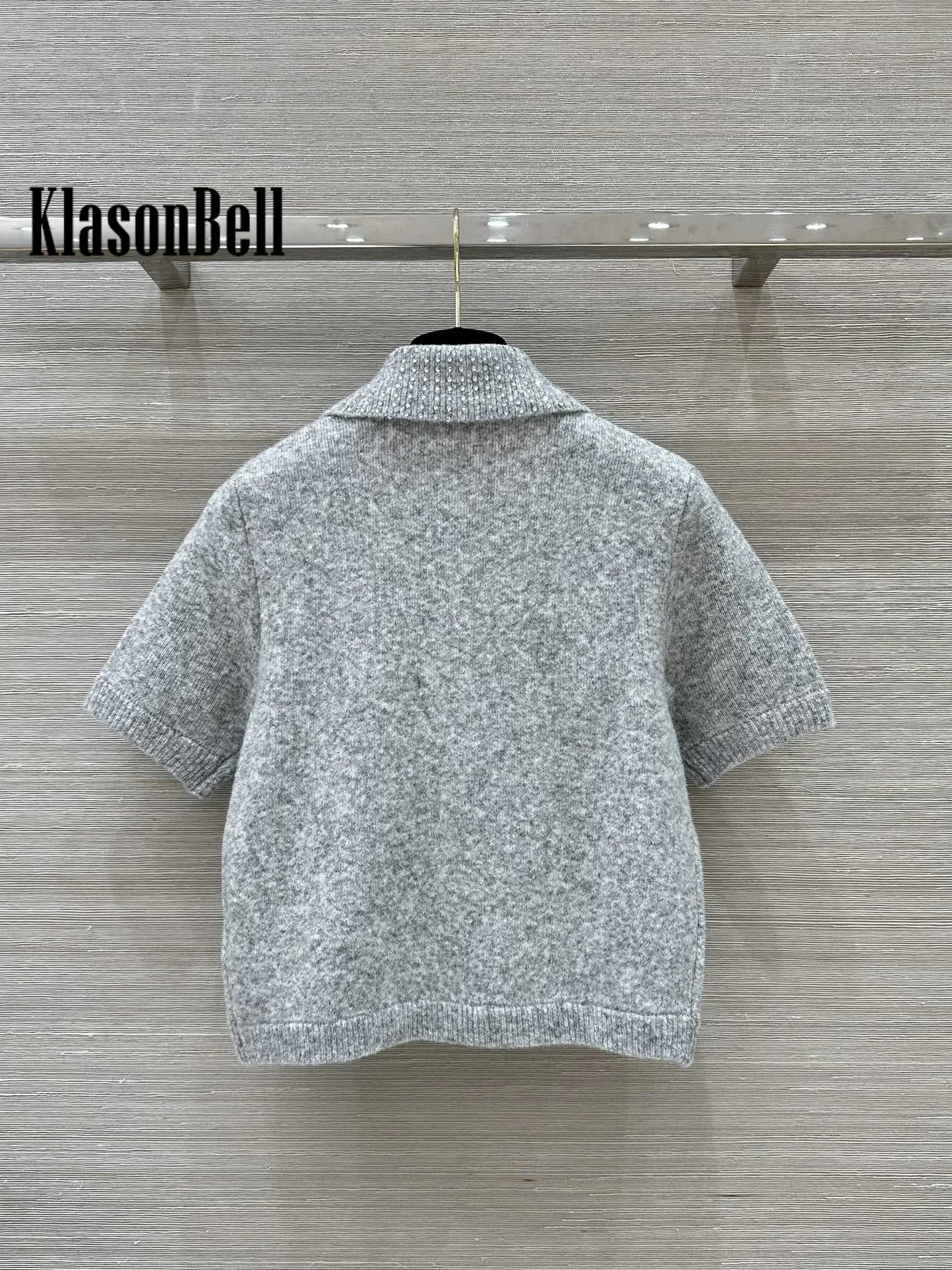 9.2 KlasonBell Women\'s Fashion Crystal Lapel Short Sleeve Knitwear Diamonds Button Decoration Temperament Sweet Style Sweater