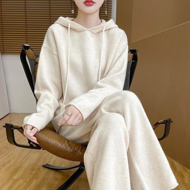 Sweat-shirt à capuche tricoté épais, pantalon à jambes larges, ensemble deux pièces pour femmes, ample, Anti-vieillissement, tendance, ensemble de vêtements d'automne et d'hiver