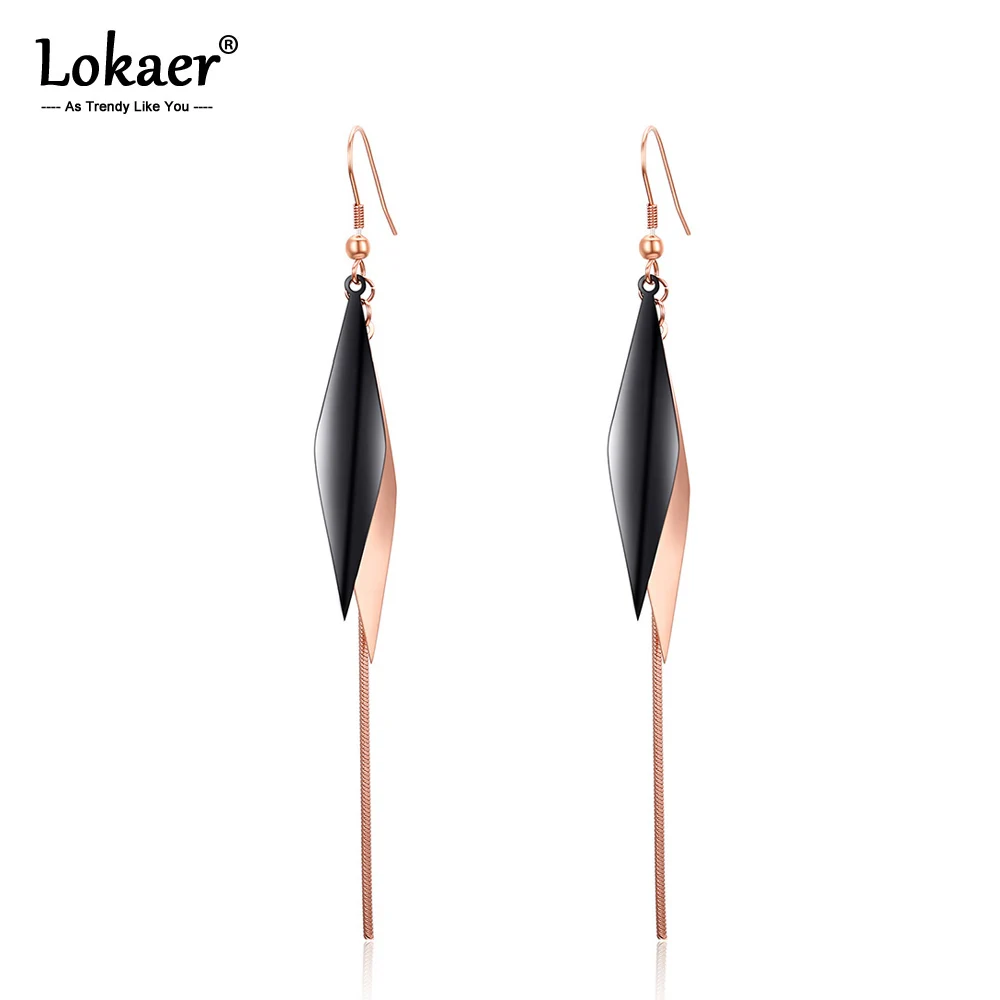 Lokaer Stainless Steel Love Long Black Snake Chain Rhombus Drop Earrings Geometirc Rose Gold Color Women Party Xmas Gift E18475