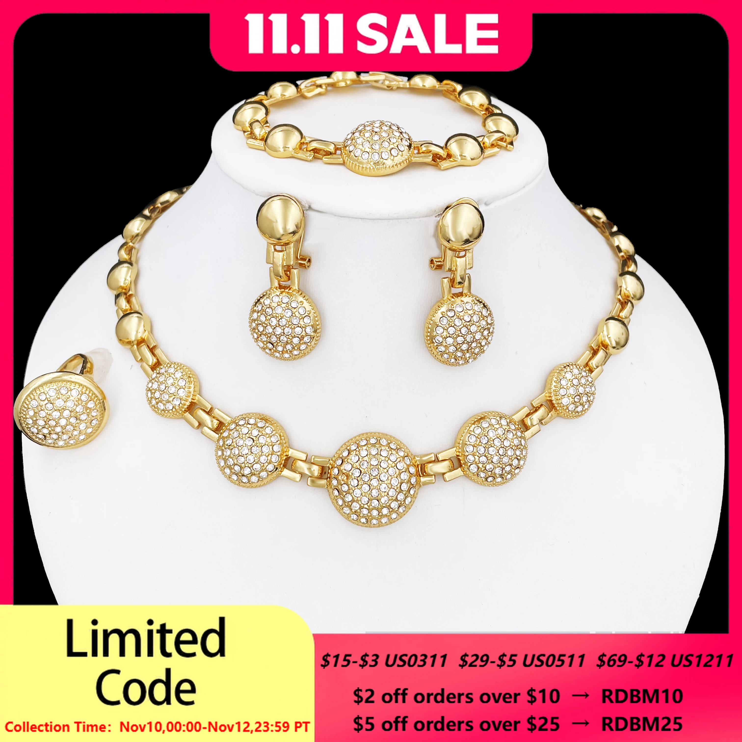 

Комплект из колье, серёг, браслета и кольца, с покрытием из 18-каратного золота