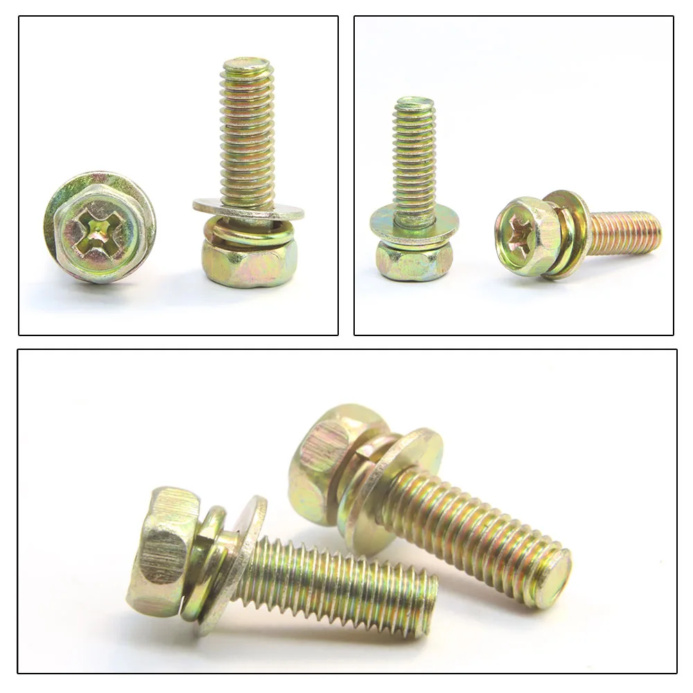 NINDEJIN Cross Hexagon Head Screw with Flat Washers Combine Spring Washers Yellow Zinc Steel M4 M5 M6 M8 Phillips SEMs