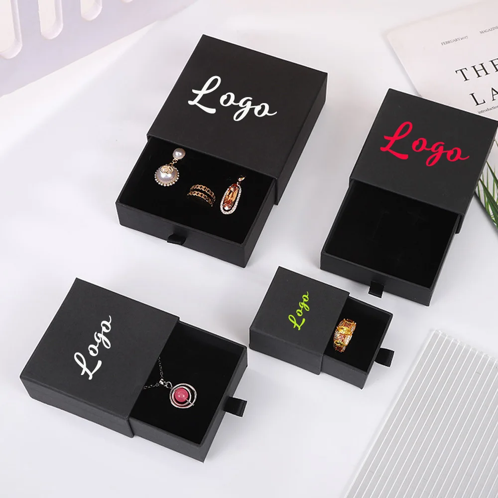 

24pcs Custom Drawer Jewelry Box Logo for Necklace Ring Earrings Jewelry Packaging for Small Business Gift 7x7x2.5cm Black Boxes