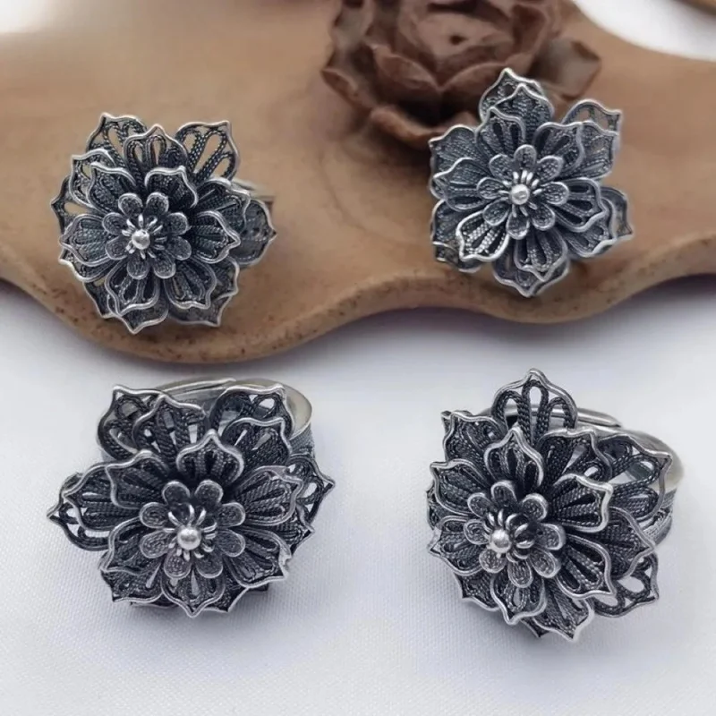 

New 100% S925 Silver Hollow Flower Woman Ring Retro National Style Temperament Exaggeration Trend Jewelry Accessories