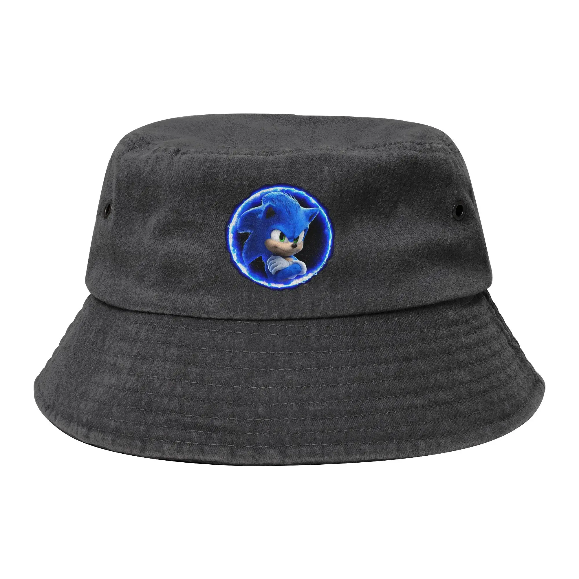 Summer Hedgehog Shadow Game Cartoon Bucket Hats Women Men Distressed Washed Sun Hat  Bob Hat Fishing Hats