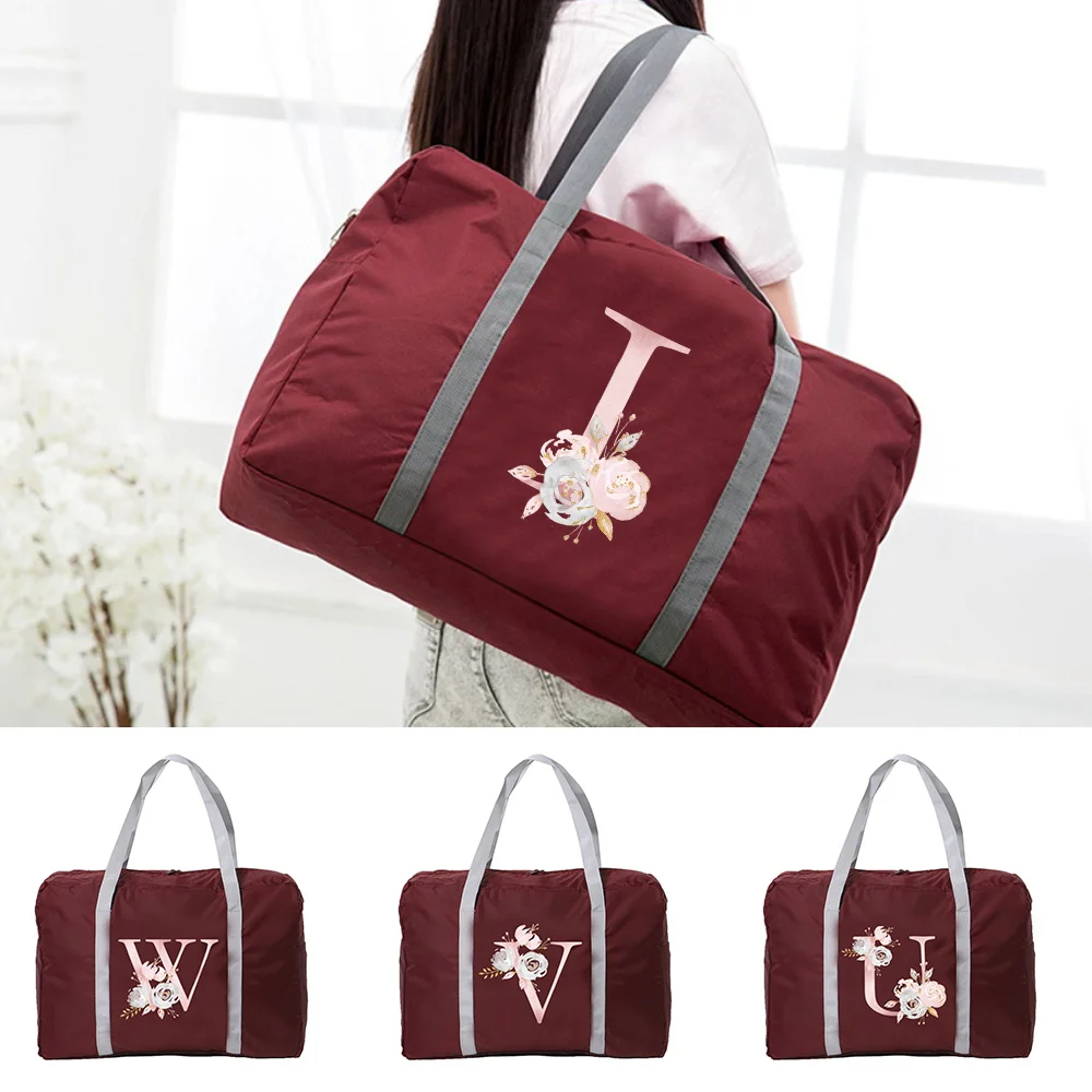 Pink Flower Letter Pattern Printing Large-capacity Portable Travel Bag Unisex Travel Accessories Foldable Portable Storage Bag