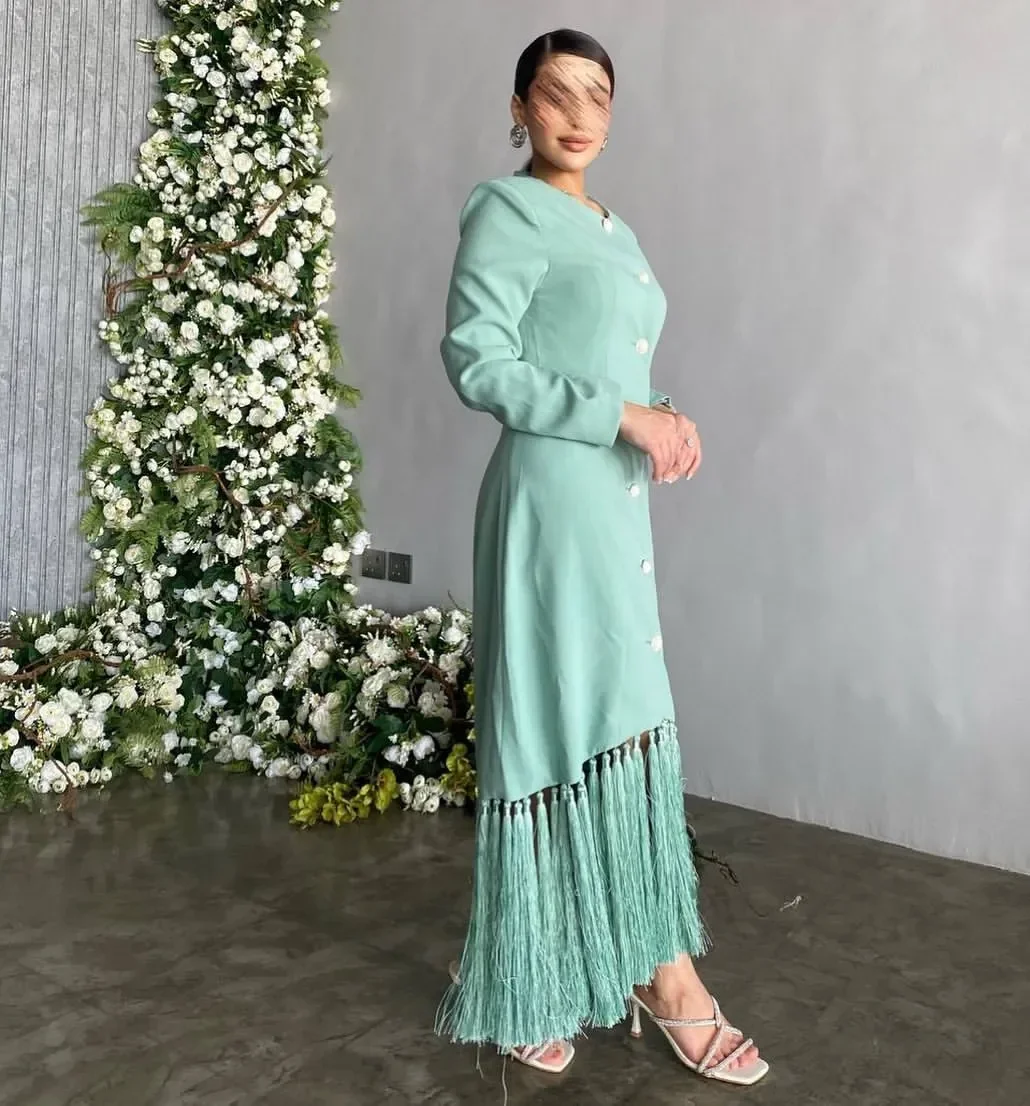 Yipeisha Crew Neck Prom Dresses with Buttons Long Sleeves Evening Party Saudi Arabia Women Wear Tassels Special Occasion Gown