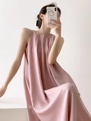 Pink French Vest Dress For Women's Summer Acetic Acid Imitation Linen Pleated Vacation Style Suspender Long Skirt