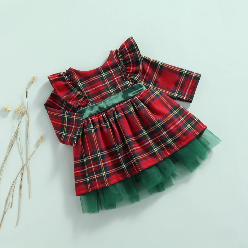 

2025 Winter New Girl's Red and Green Checkered Long Sleeve Christmas Big Bow Mesh Princess Dress