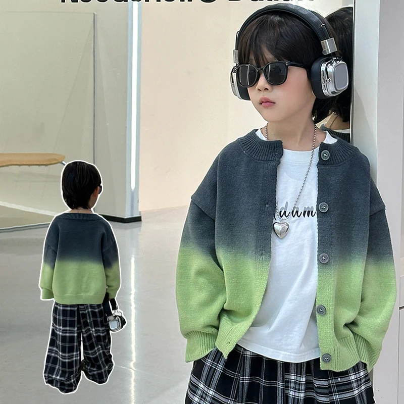 Boys Clothing Knit Cardigan Sweaters tie-dye Colors Sweater Coats Casual Childrens Cardigan Knitwear coat Green Jacket for Kids