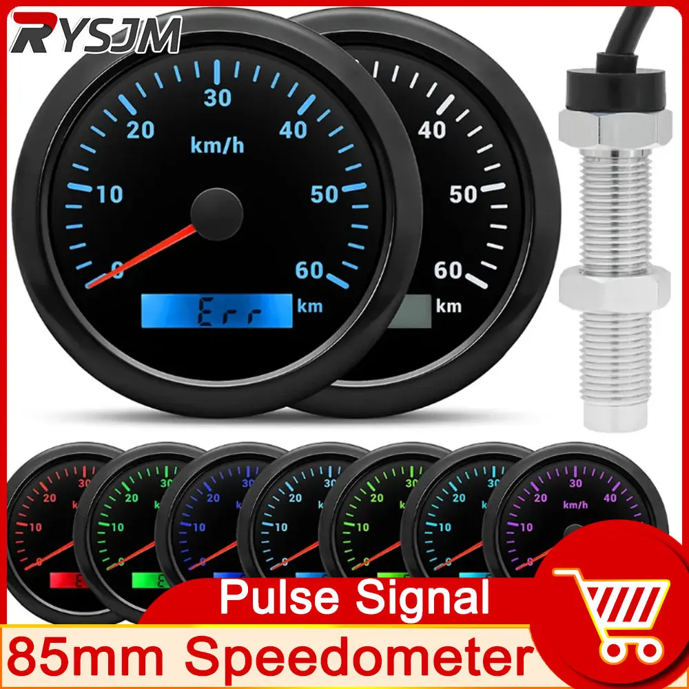 AD 7 Color LED 60KMH 85MM Pulse Speedometer Gauge Hall Sensor for Pulse Signal For Motorcycle Boat Car Truck Speed Gauge 9-32V