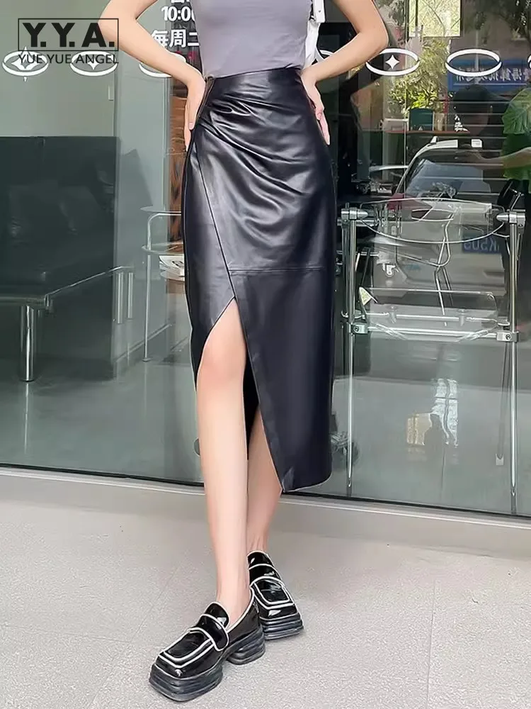 

Mid Length Sexy Office Lady Genuine Leather Skirt Asymmetrical Split Design Wrap Skirts Women High Waist Women Sheepskin Skirt