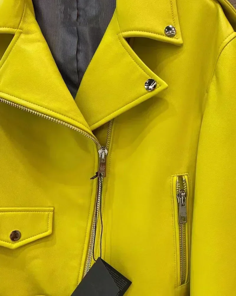 2024 Spring and Autumn New Women\'s Yellow Leather Fashion Elegant Casual Women\'s Short Coat Jacket