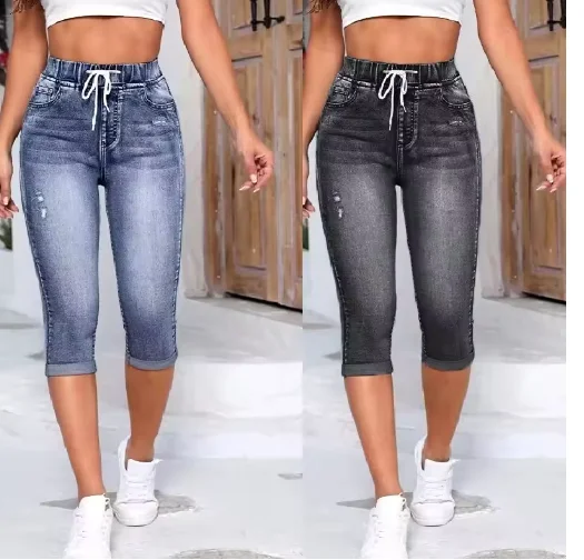 

Женские джинсовые шорты с завязками и высокой талией, эластичные короткие джинсовые брюки длиной до колена с рваными дырками