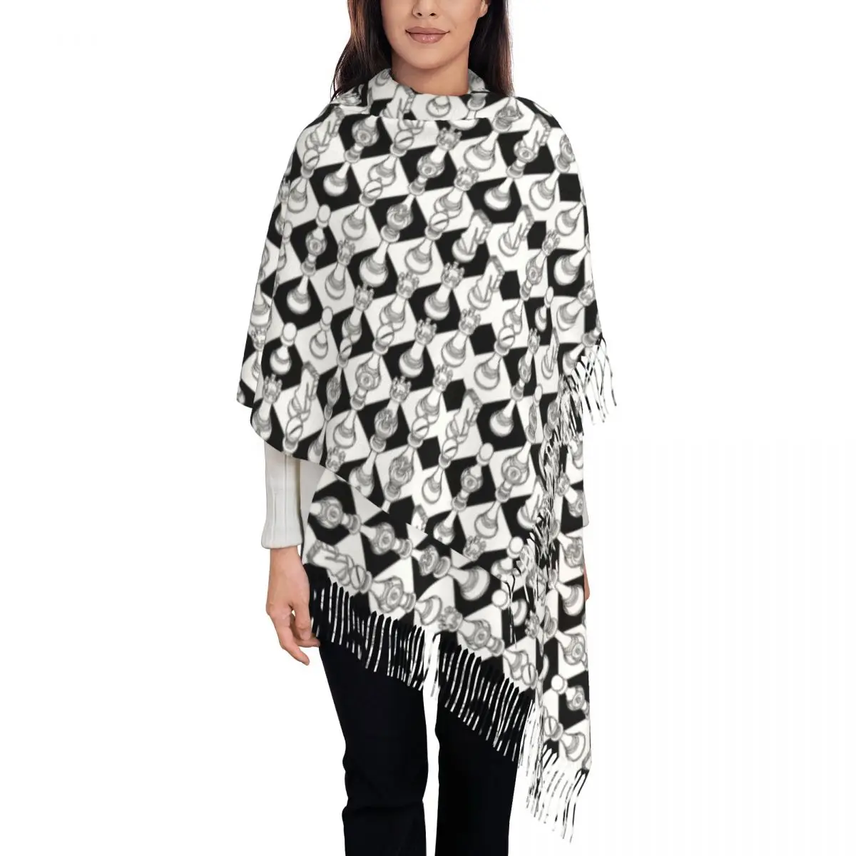 Isometric Chess White Tassel Scarf Women Soft Checkmate Game Shawls Wraps Female Winter Scarves