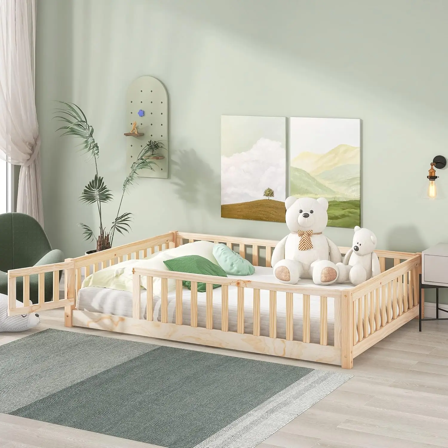 Full Floor Bed for Children, Sturdy Wood Montessori Bed Frame with Wood Slats, Fence & Door, Montessori Floor Bed for Girls