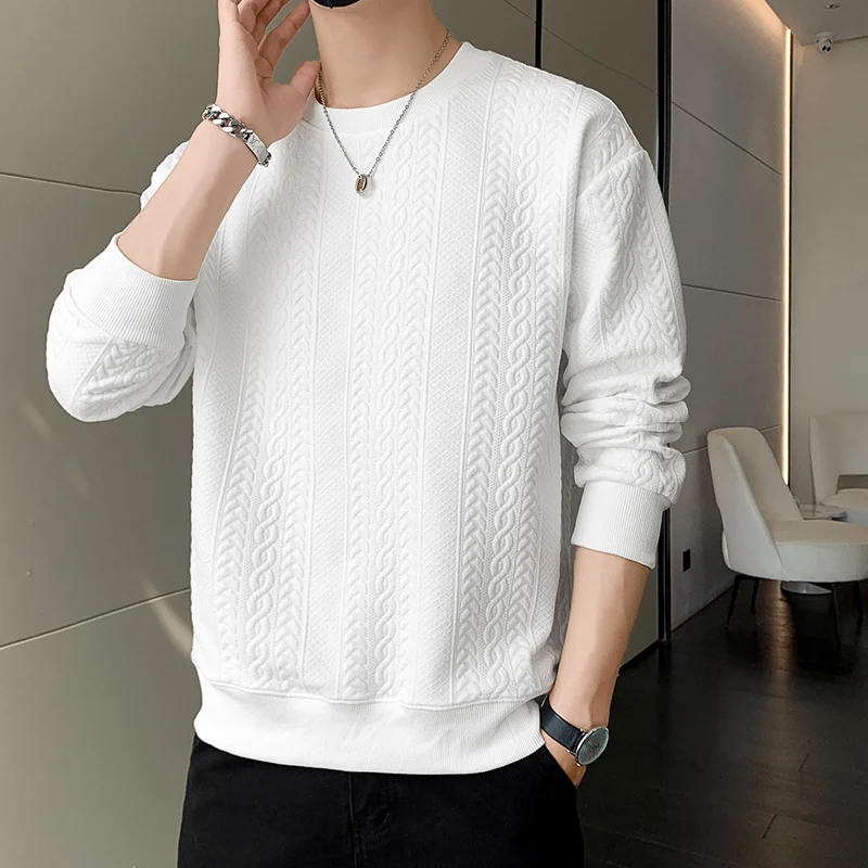 Autumn and Winter Men\'s Pullover Round Neck Patchwork Solid Color Loose Fitting Long Sleeved Texture Long Sleeved Sweatshirts